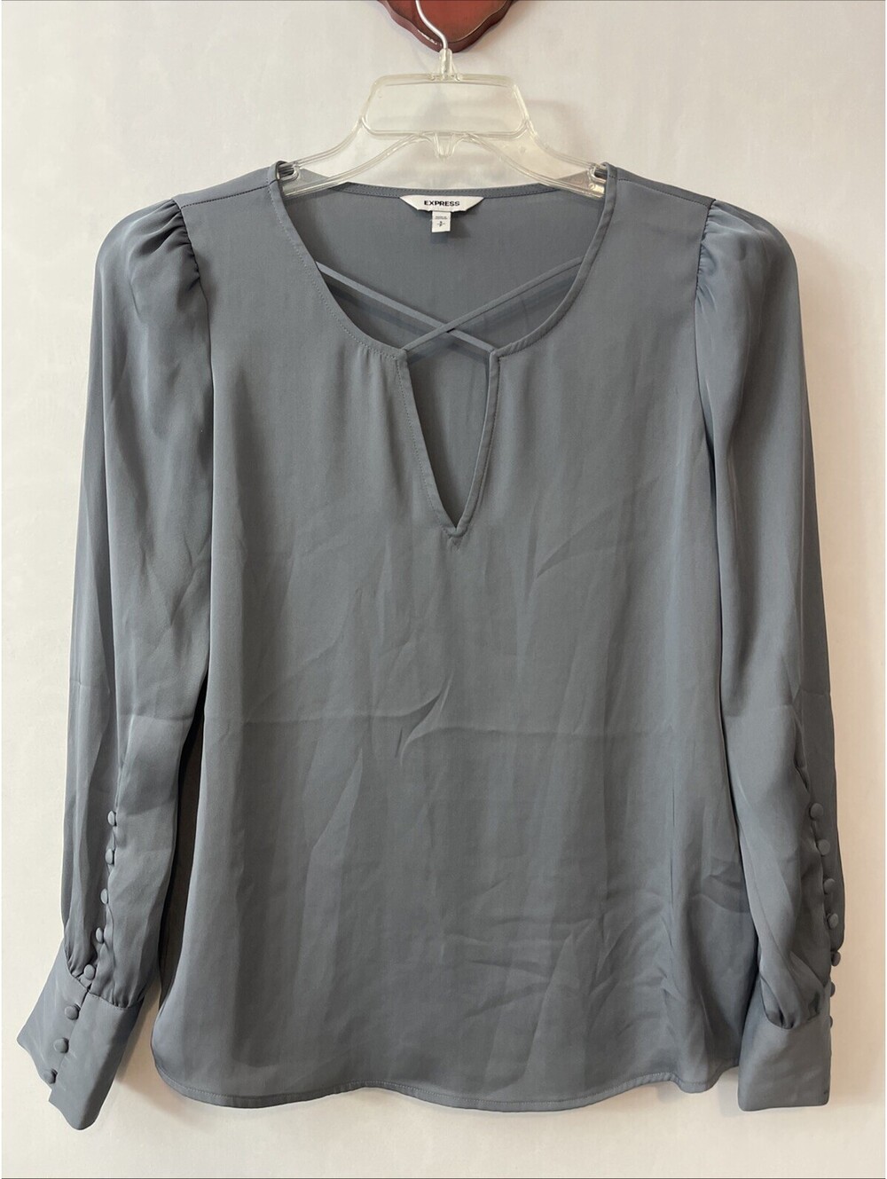 Express Womens Small Gray Vneck Button-Sleeve Lightweight Classy Blouse! A1022